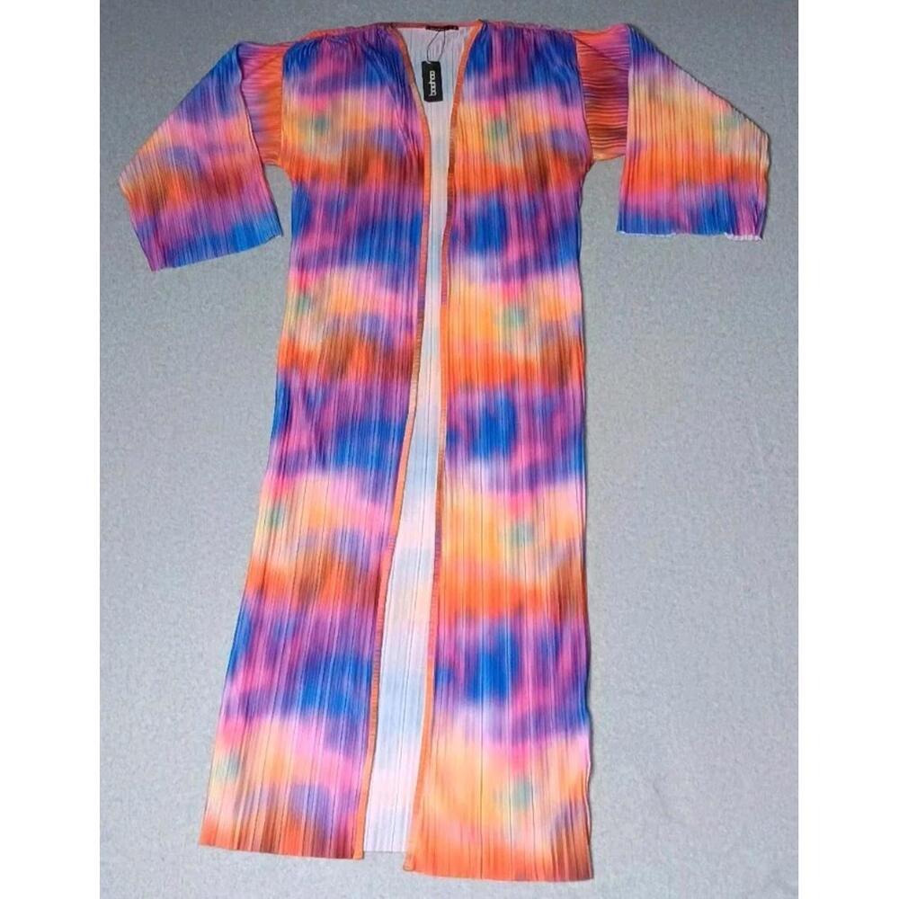 NWT! Boohoo Maxi Kimono Womens Size Small Marble Print Plisse Wide Sleeves
